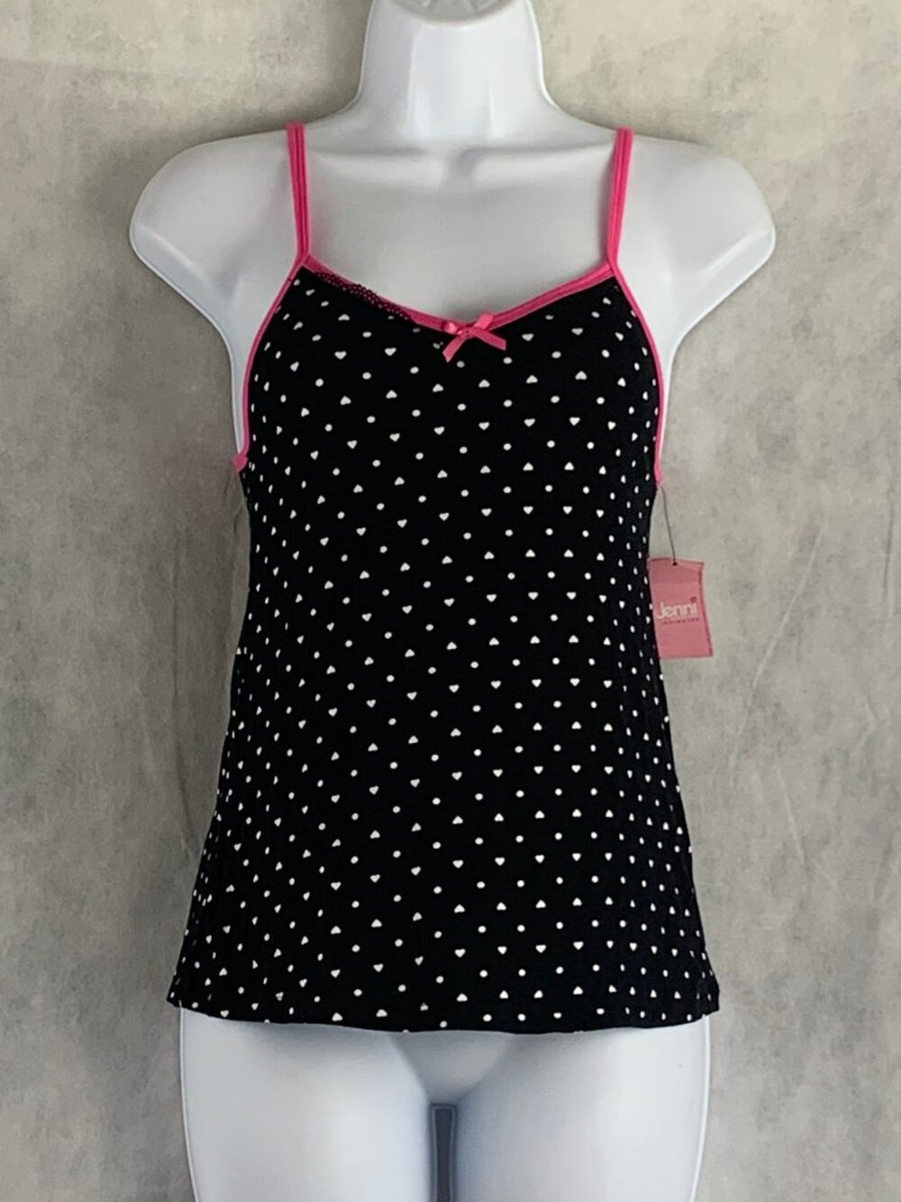 Jenni Women's Camisole Lounge Pajama Top, Black Hearts and Dots, XS